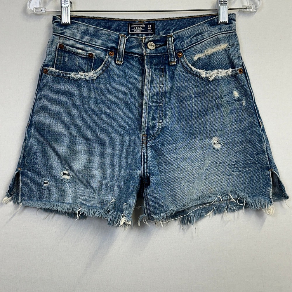 Abercrombie & Fitch High Rise Distressed Denim Shorts Blue Women's 24